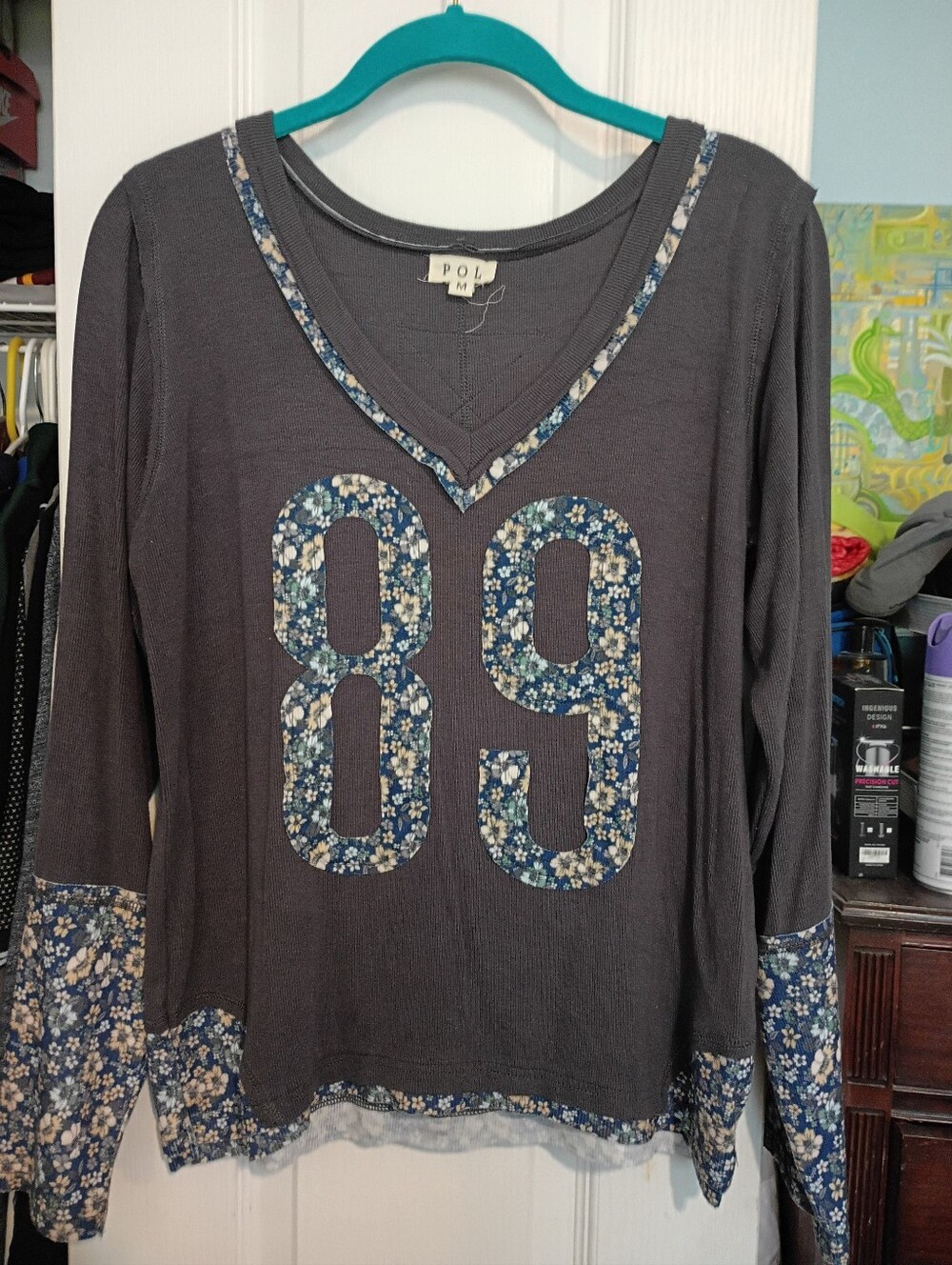 POL Charcoal Long Sleeve Top with Blue Floral '89' Appliqué
